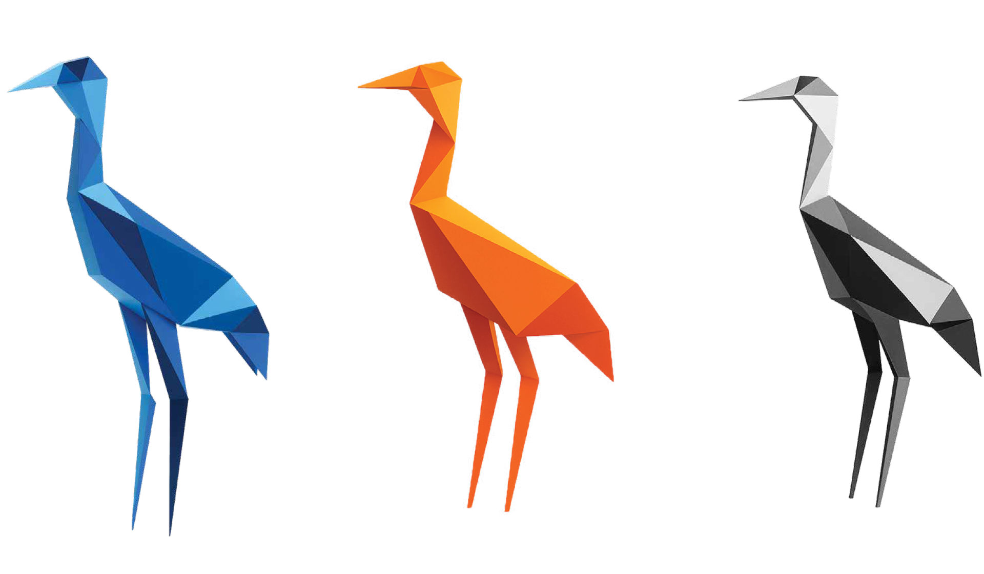 Three folded-paper cranes in blue, orange, and charcoal